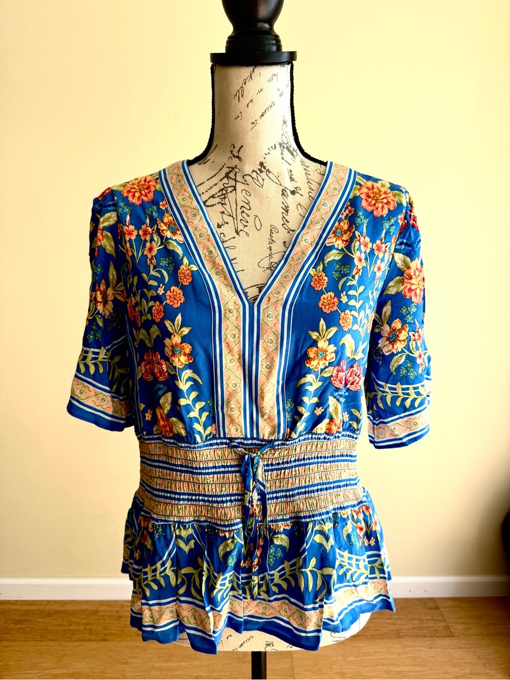 Rose & Olive Blue Floral V-Neck Smocked-Waist Tunic